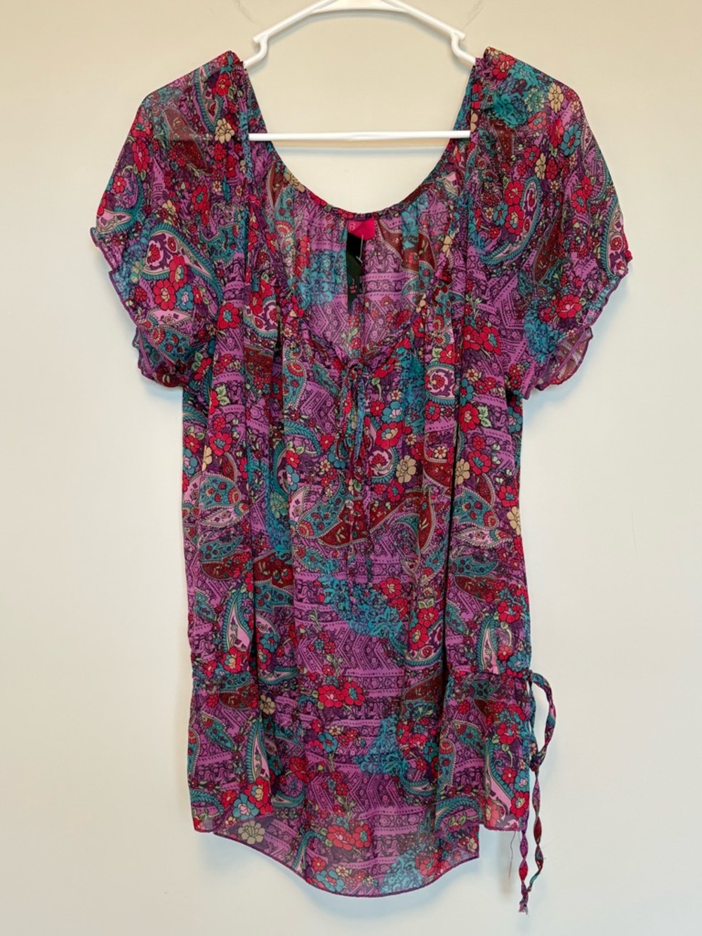 Y2K Pure Energy Paisley Sheer Blouse Pink Blue Short Sleeve Plus 2X